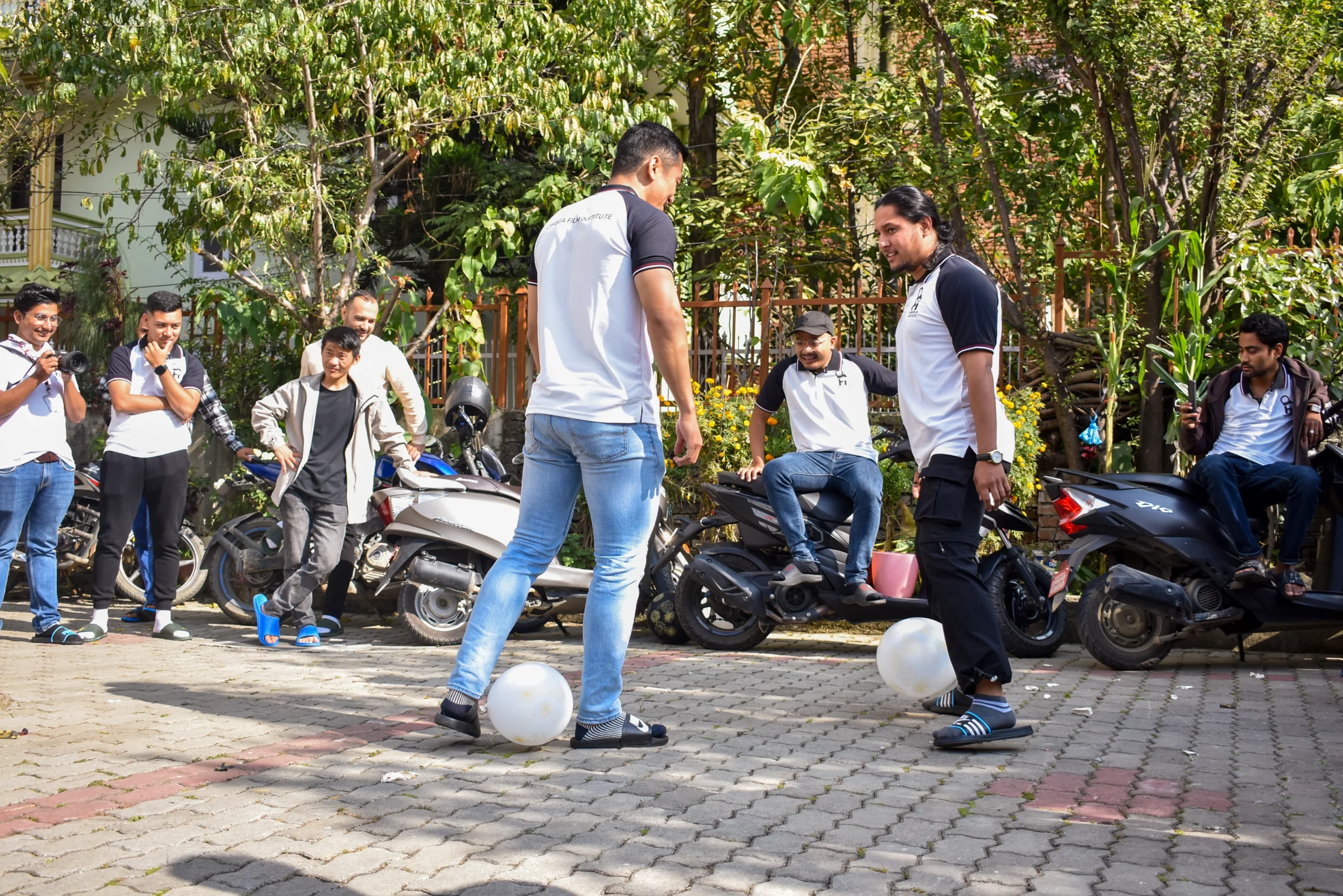 Omega Film Institute Nepal students participating in an outdoor filmmaking workshop.